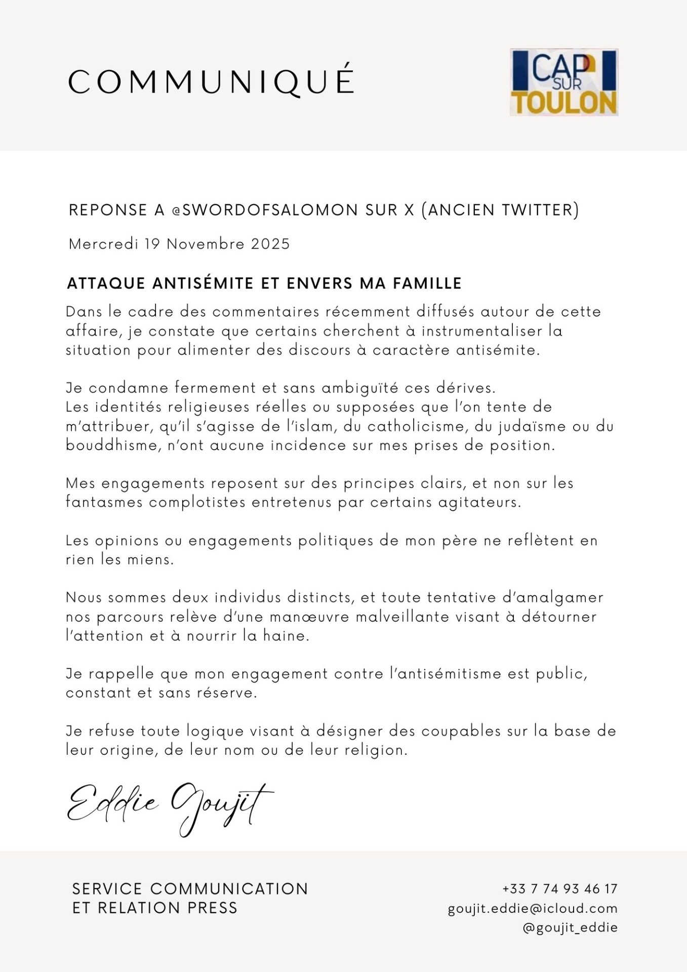 Mercredi 19 Octobre 2025 - Attaque antisémite et envers ma famille (M GOUJIT Eddie)
